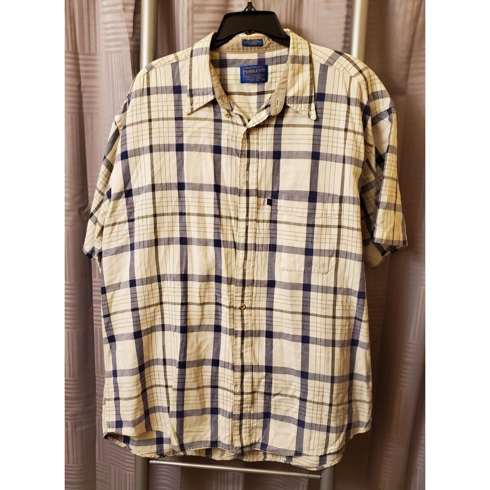 Pendleton Shirt Short Sleeve‎ Button Down Men's  XLarge Blue Plaid 100% Cotton